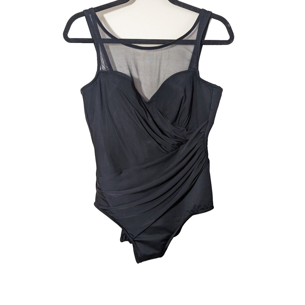 Miraclesuit Women's One Piece Swimsuit Black Mesh Ruched Size 16